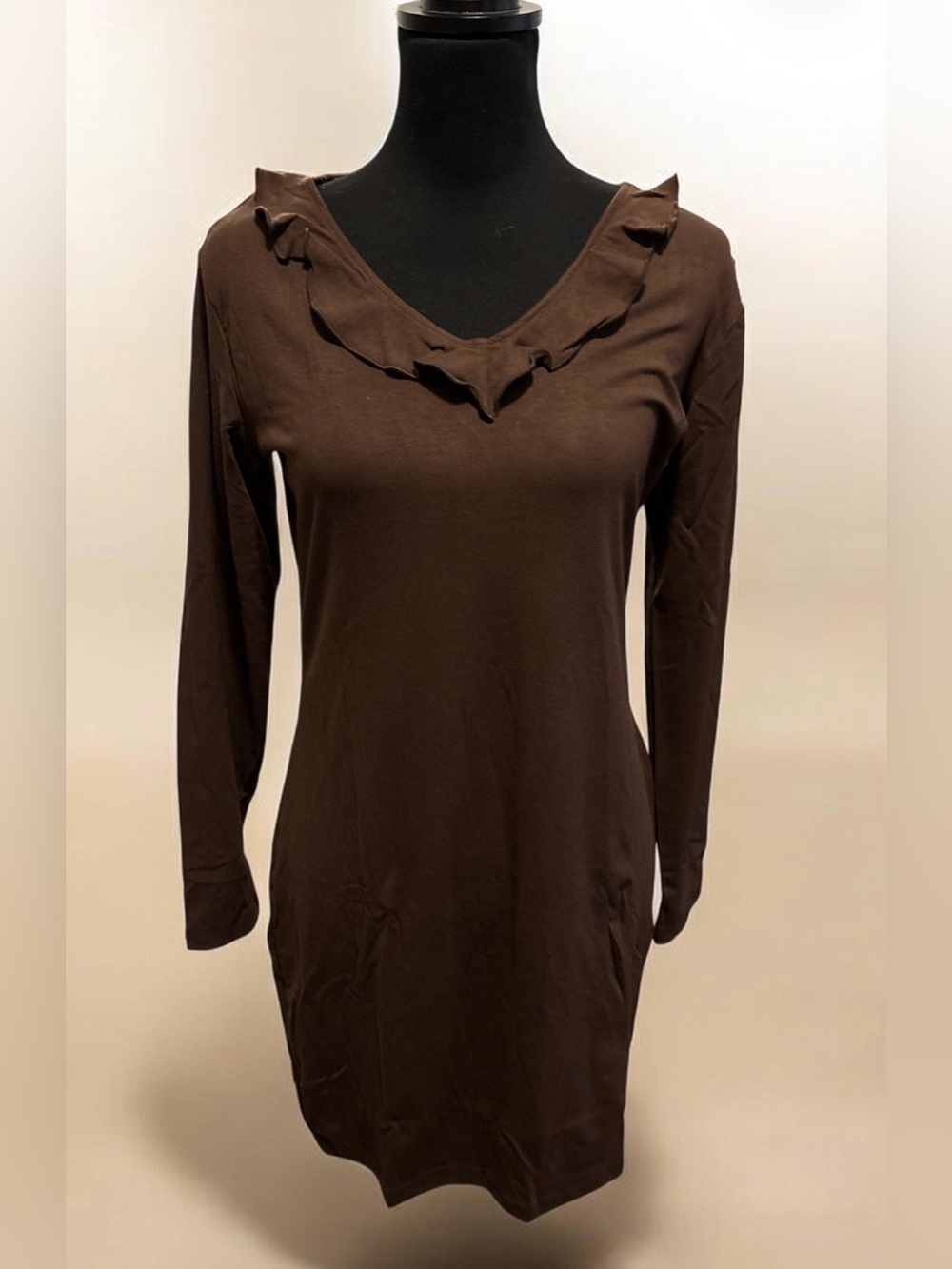 Brown Ruffle V-Neck Long Sleeve Dress